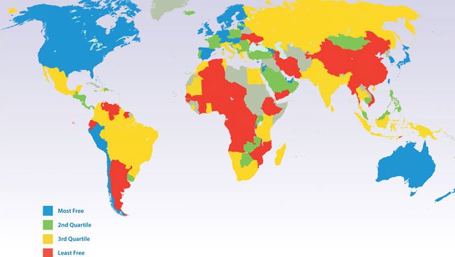 Weltkarte des World Economic Freedom Report 2013